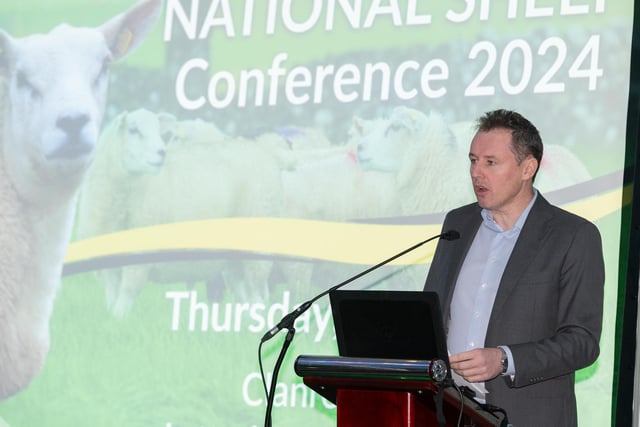 Charlie McConalogue, TD, Minister for Agriculture Food and the Marine at the Teagasc National Sheep Seminar in the Clanree Hotel Letterkenny on Thursday last. Photo Clive Wasson