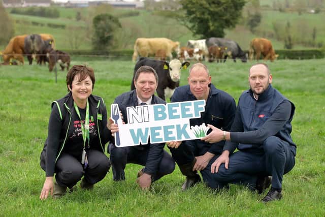 Industry representatives pictured promoting NI Beef Week (from left) Janice Gibson, Asda, Colin Smith, LMC, Trevor Somerville, UFU and Keith Williamson, ABP Linden. (Picture: Cliff Donaldson)