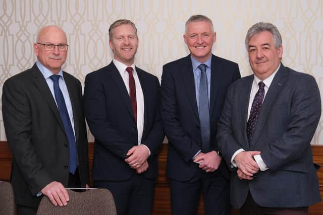 Gary McIntyre has been elected as Northern Ireland Grain Trade Association President at the AGM on 6 March. Pictured from left are NIGTA office bearers: David Garrett, Interim CEO; Gary; Patrick McLaughlin, Immediate Past President and David O'Connor, Vice President. Photograph: Columba O'Hare/ Newry.ie