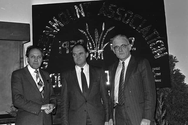 Pictured in February 1992 at the Greenmount Association annual meeting are Sir Henry Plumb, centre, Jack Hutchinson, accountant, the speakers, with Matt Boyd, principal of Greenmount College. Picture: Farming Life/News Letter archives