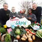 Helping to launch the SuperValu and GIY “Let’s GROW” initiative are students (l to r) Darragh Walker Doyle (8), Olivia Wall (8), Kendrick Bhekizulu (7), with Michael Kelly (GIY) and Alan Jordan (Owner of SuperValu Fortunestown) at Solas Chríost National School in Tallaght – the food growing project enables school children across Ireland to grow their own food in the classroom this spring using free growing packs which will be distributed by GIY and SuperValu. Schools across the country are encouraged to register online at www.supervaluletsgrow.ie to receive a free classroom growing kit.  Photograph: Leon Farrell/Photocall Ireland