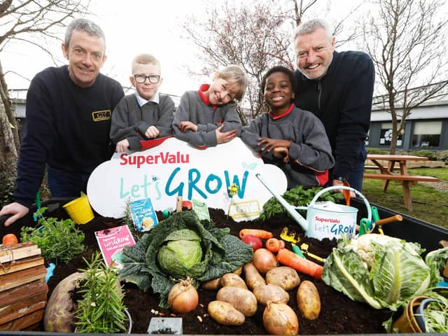 Helping to launch the SuperValu and GIY “Let’s GROW” initiative are students (l to r) Darragh Walker Doyle (8), Olivia Wall (8), Kendrick Bhekizulu (7), with Michael Kelly (GIY) and Alan Jordan (Owner of SuperValu Fortunestown) at Solas Chríost National School in Tallaght – the food growing project enables school children across Ireland to grow their own food in the classroom this spring using free growing packs which will be distributed by GIY and SuperValu. Schools across the country are encouraged to register online at www.supervaluletsgrow.ie to receive a free classroom growing kit.  Photograph: Leon Farrell/Photocall Ireland
