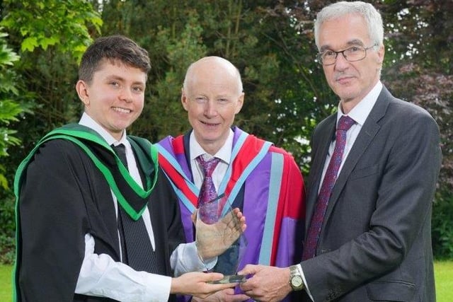 Rhett Creighton (Belfast) was presented with the Department of Agriculture, Environment and Rural Affairs Prize awarded to the top student on the Foundation Degree in Equine Management programme by Norman Fulton (Head of Food and Farming Group, DAERA) and Dr Eric Long (Head of Education, CAFRE). Pic: CAFRE
