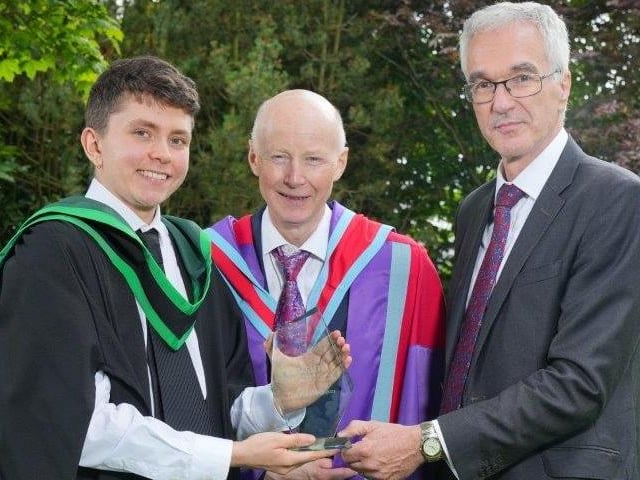Rhett Creighton (Belfast) was presented with the Department of Agriculture, Environment and Rural Affairs Prize awarded to the top student on the Foundation Degree in Equine Management programme by Norman Fulton (Head of Food and Farming Group, DAERA) and Dr Eric Long (Head of Education, CAFRE). Pic: CAFRE