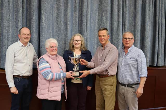 Pictured at the presentation of the James Crawford Memorial Cup to Randox Antrim Show are David Crawford, Doreen and Louise Crawford, Graham Seymour, and Andy Crawford. The new cup for the Horticulture classes, will be awarded to the best exhibit in the flowers and pot plant section. Photo: Linda Davis.