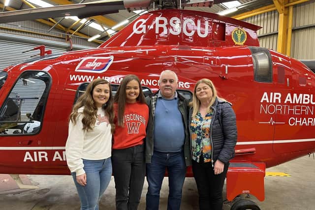 Breige, Niamh, Michael and Dolores Hollywood recently visit the Air Ambulance NI operational base outside Lisburn.