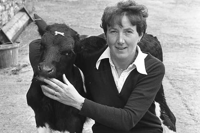 Pictured in September 1982 is Mrs Rosemary Bell from Kells with one of the Friesian calves which was being reared for beef production on the farm of her husband, Mr Bobby Bell, who was a well-known pig producer. Picture: Farming Life/News Letter archives