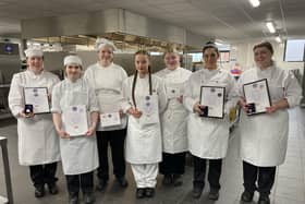 IFEX wins for SERC: (L – R) Level 2 and Level 3 Diploma in Professional Bakey students at SERC’s Lisburn Campus who picked up Awards at IFEX were Naomi Fox (Lisburn), silver for Novelty Cake Senior; Amy O’Neill (Lisburn), merit for Celebration Cake; Faye McGrogran (Lisburn), merit for Wedding Cake; Seraphina Willis (Crumlin), merit for Novelty Cake Junior; Evangeline Johnston (Banbridge) bronze, for Novelty Cake Junior; Roisin Walsh, (Belfast) bronze, for Afternoon Tea Senior and Carly Buchanan (Belfast), silver for Decorative Exhibit. Missing from photo Wilma Mavindidze, bronze for Novelty Cake Senior and Gemma Diamond, bronze for Restaurant Innovation – Dessert of the Year.