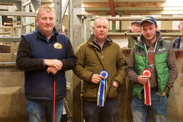 Armoy: Judge David McNeill congratulates Ruairi McAuley, who exhibited the champion, and reserve champion winner Fearghal McMullan. Picture: Bo Davidson 