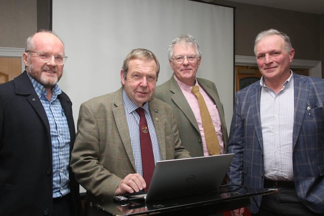 Hugh McClymont (second left) from Scotland, who spoke about the "Sustainability in Scottish Diarying" at the monthly meeting of Fermanagh Grassland Club with (from left) William Johnston, secretary of the club; Andrew Best, South West Scotland Grassland Society and Robin Clements, club chairman. Pic: Raymond Humphreys