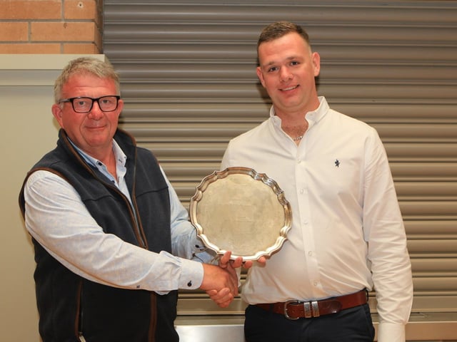 Spring Club sale March - Danske bank Silver salver for best pedigree animal winner: Ryan Gilmour with GILLVIEW RANGER pictured with Dungannon Farmers' Mart Trevor Wylie