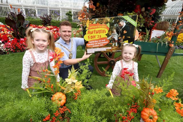Lord Mayor of Belfast Councillor Ryan Murphy is joined by sisters Molly and Lily Brady to launch this year’s Autumn Fair, taking place in Botanic Gardens on the weekend of Saturday 23 and Sunday 24 September. Picture: BCC