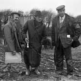 The judges, Lawrence McMillan, Vivian Samuels and John Nicholl, eyeing out the furrows in November 1982 at the International Ploughing Match at Ardglass, Co Down. Picture: Farming Life/News Letter archives