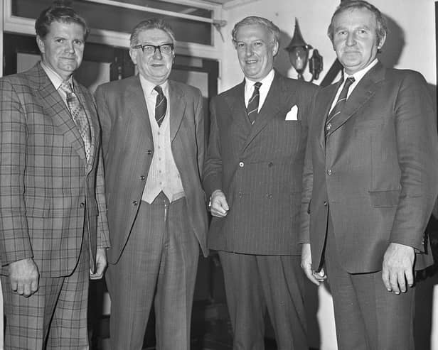 Pictured in November 1980 at the Ulster Ram Breeders Association annual dinner and prize distribution which was held at Ballymena, pictured are W B Stevenson, second right, URBA president, with Harold Dickey, secretary, Jack McElroy, chairman, and James Armstrong, secretary. Picture: Farming Life archives/Darryl Armitage