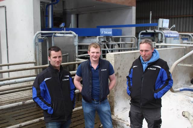 Standing in front of one of the two DeLaval milking robots recently installed on the McCambridge family farm, near Glenarm in Co Antrim: l to r: Chris Dawson, Stephen Moore Farm Machinery; Neil Brown, DeLaval and Hugh McCambridge