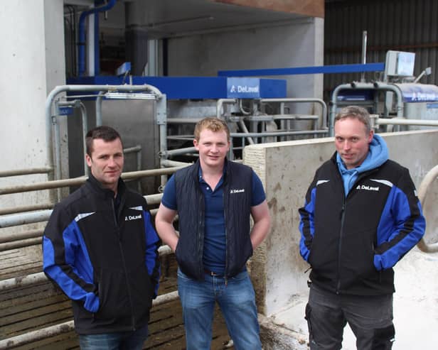 Standing in front of one of the two DeLaval milking robots recently installed on the McCambridge family farm, near Glenarm in Co Antrim: l to r: Chris Dawson, Stephen Moore Farm Machinery; Neil Brown, DeLaval and Hugh McCambridge