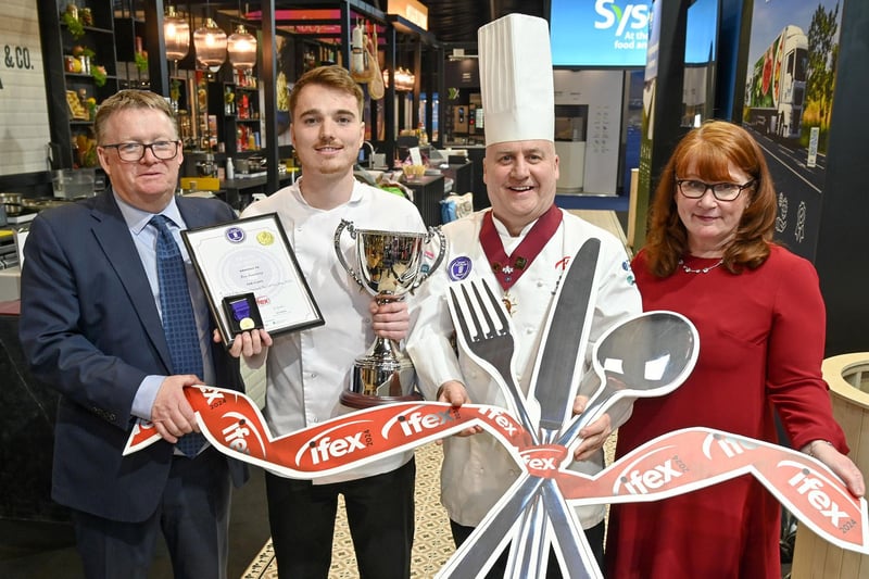 Ben Armstrong, from Armagh, has been named DAERA NI Chef of the Year during IFEX 2024. Pictured are, from left, Toby Wand, Managing Director of 365 Events, organisers of IFEX, Ben Armstrong, DAERA NI Chef of the Year, Sean Owens, Salon Culinaire BelfastDirector and Alison Chambers, Director of DAERA’s Sustainable Agri-Food Development Division. Pic: Simon Graham