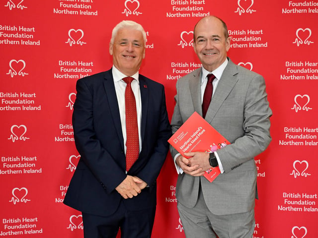 Hearts Need More Michael McBride: British Heart Foundation NI has launched a new report, ‘Hearts Need More’, highlighting the urgent need to tackle cardiovascular disease (CVD) in Northern Ireland and prevent as many as 500 premature deaths a year. Pictured at the launch at Parliament Buildings is Chief Medical Officer Professor Sir Michael McBride with Head of BHF NI Fearghal McKinney.