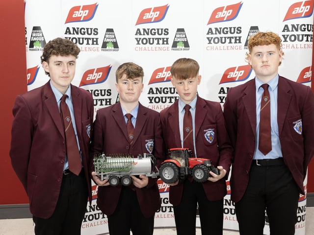 Pictured taking part in the 2024 ABP Angus Youth Challenge Exhibition for a place in the final of the competition is the team from St Pius X College Magherafelt Co. Londonderry - pupils Francis Hutchinson, Liam McDonnell and Oisin McVey and Oisin Laverty.