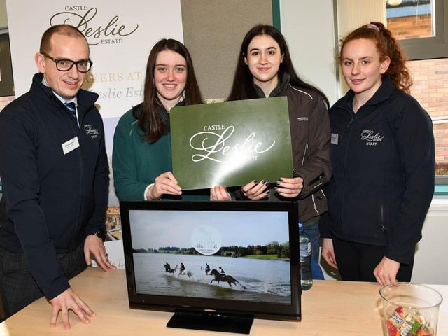 Chris Kilpatrick and Gemma Treanor, Castle Leslie Estate talk to BSc Equine Management students Maya Lutton (Crumlin) and Lily Ramsden (Lisburn) about a career in the equine leisure and hospitality industry.