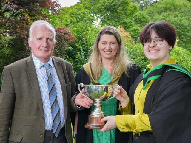 Thalia O’Hare (Belfast) was presented with the Irish Draught Horse Society (Northern Region) Cup presented for the best dissertation submitted for the BSc (Hons) Degree in Equine Management award. Thalia received her award from Tom McGuigan (Irish Draught Horse Society) and was congratulated on attaining a First Class Honours Degree by Alison Morris (Senior Lecturer, Enniskillen Campus, CAFRE). Pic:CAFRE