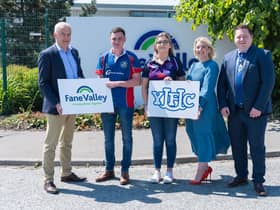 Trevor Lockhart MBE, Fane Valley Group chief executive with YFCU members, YFCU CEO, Gillian McKeown and YFCU president, Stuart Mills