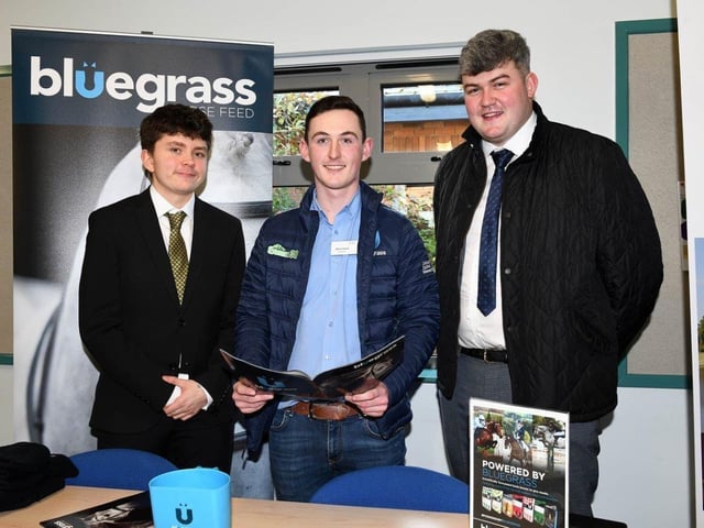 CAFRE Enniskillen Campus Graduate Adam Short, Bluegrass talks about careers in equine nutrition and sales to students Rhett Creighton (Belfast) and Ian Hyland (Monasterevin, Co Kildare).