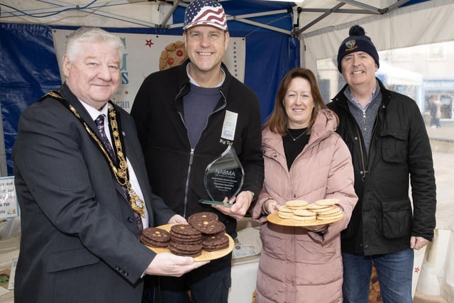 Mayor, Councillor Steven Callaghan visits Ted and Alastair at Big Ted’s American Cookies, alongside Catrina McNeill, Council’s Town Project officer. Pic: McAuley multimedia