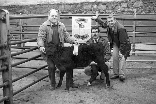 Robert Hughes, left, from Kircubbin, with his reserve champion at a show and sale of Blonde d’Aquitaine calves at Ards Mart in January 1992. Included are Harry Brown, right, of Lisburn, who judged the animals, and Noel McCarey, chairman of the NI Blonde d’Aquitaine Club. Picture: Farming Life/News Letter archives