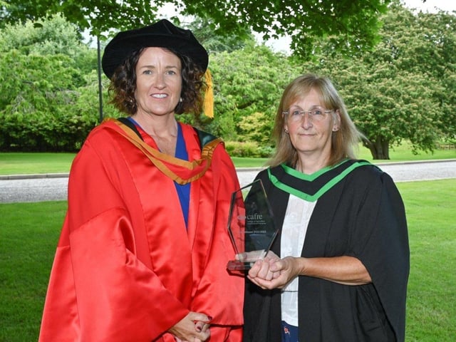 Fiona Robertson (Crossgar) was presented with the Department of Agriculture, Environment and Rural Affairs Prize as the top student on the BSc (Honours) Degree in Horticulture programme. Fiona was congratulated on her First-Class Honours Degree success by Professor Aine McKillop (Associate Dean, Ulster University) at the Graduation ceremony at Greenmount Campus. Pic: CAFRE