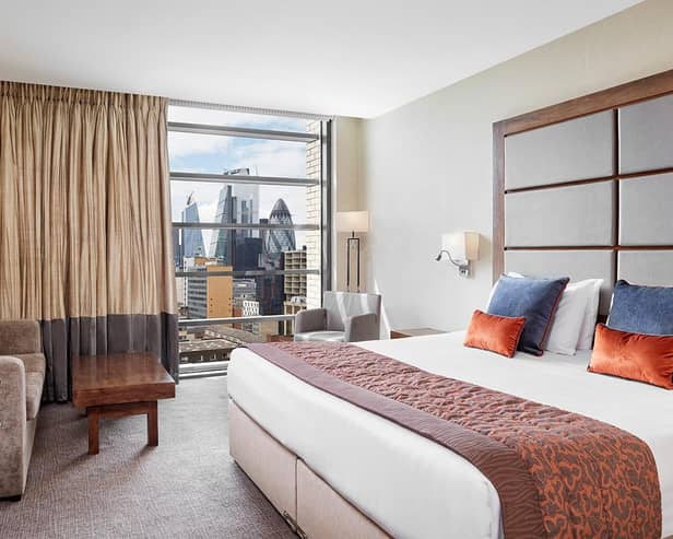 A superior double room at Leonardo Royal London Tower Bridge with magnificent views of the capital's skyline.