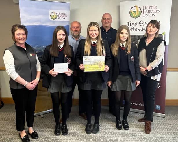 Second place was awarded to Aughnacloy College. Pictured alongside Kyla, Catherine and Sarah include judges Roberta Simmons, Steven Millar, John McLenaghan and Julie-Ann Lyle.
