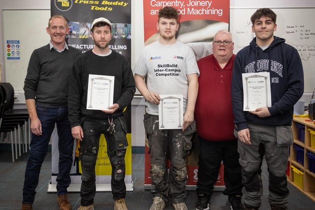Skillbuild Joinery Competition SERC: (l-r) Francis Rice (Deputy Head of School Construction Trades), Dermot Moynagh (Lisburn Campus -1 st place), Paddy Madine (Downpatrick Campus - 2 nd place), Seamus Branniff (tutor), Caine Tait (Lisburn Campus - 3 rd place). Pic: SERC