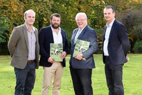Three local dairy farmers took part in a panel discussion at the EU Sustainable Dairy Symposium, from an on farm perspective. Pictured from left to right: Hugh Harbison from Aghadowey, Ian McClelland from Loughbrickland, Dr Mike Johnston MBE PhD, Chief Executive Dairy Council NI, and Mark Blelock from Aldergrove.