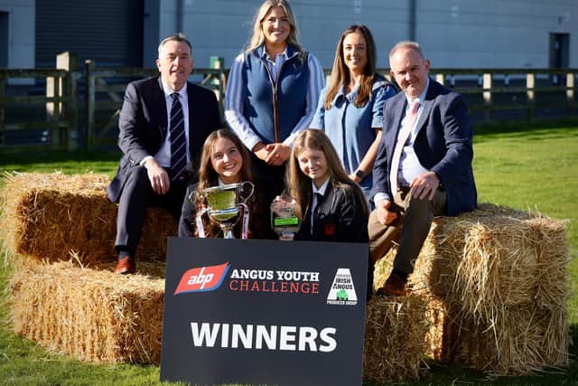 Katie McNeilly (left) and Samantha Dunlop of Ballymena Academy are winners of the 2026 ABP Angus Youth Challenge. They are pictured with the ABP Angus Youth Challenge Cup after being named Overall Winning School at an awards ceremony held in the Logan Hall, Balmoral Park, Lisburn, on 22 October 2026. Pictured with them are ABP’s Managing Director in Northern Ireland, George Mullan, guest speaker Sophie McAllister, Teacher Laura Clotworthy and Charles Smith, General Manager of Certified Irish Angus.