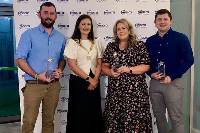 Macra national president Josephine O'Neill pictured with the 2025 Macra National Leadership Award Recipients - Tom Long, Rathkeevin Macra, South Tipperary, James McElearney, 3 Parishes Macra, Co Monaghan and Joanne Teehan, Mountmellick Macra, Co Laois