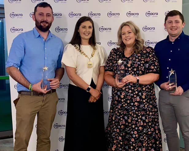 Macra national president Josephine O'Neill pictured with the 2025 Macra National Leadership Award Recipients - Tom Long, Rathkeevin Macra, South Tipperary, James McElearney, 3 Parishes Macra, Co Monaghan and Joanne Teehan, Mountmellick Macra, Co Laois