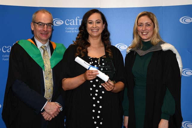 Ashleigh Haydock (Dungannon) was presented with the Department of Agriculture, Environment and Rural Affairs Prize, awarded to the best Level 3 Veterinary Nursing student. Ashleigh is congratulated by Gemma Daly, (Guest Speaker and Director of Enzootic Control, Animal Welfare and Field Delivery Division, DAERA) and Martin McKendry (Director, CAFRE). (Pic: CAFRE)