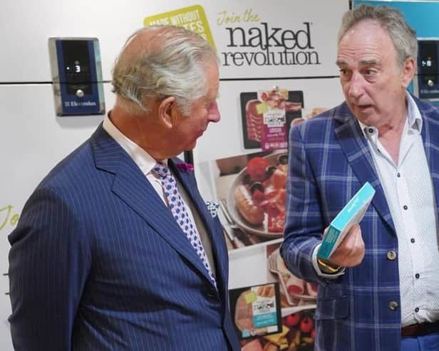 The King samples some of the products from the Good Little Company along with Denis Lynn from Finnebrogue during a visit to the Downpatrick artisan company in 2019. Photo by Aaron McCracken