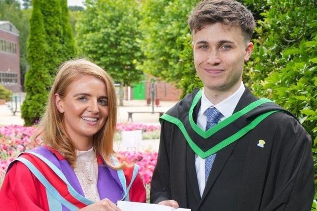 Jack McIvor (Moneymore) was presented with the Dale Farm Prize awarded to the student achieving the highest marks in Advanced Food Technology when he graduated with a First-Class Honours Degree in Food Technology from Loughry Campus. Jack was congratulated on his success by Dr Claire McVey (Lecturer, Loughry Campus, CAFRE). Pic: CAFRE