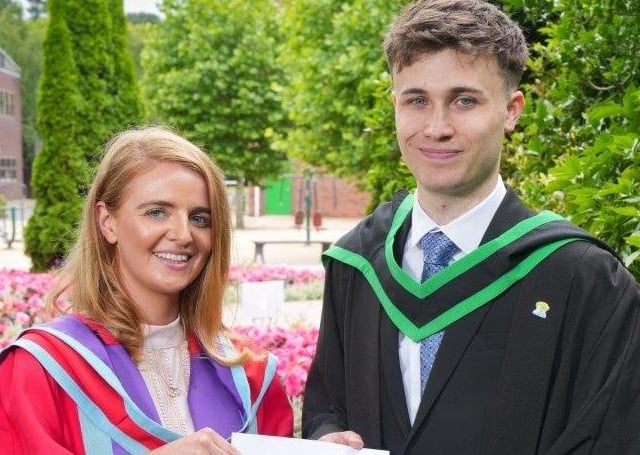 Jack McIvor (Moneymore) was presented with the Dale Farm Prize awarded to the student achieving the highest marks in Advanced Food Technology when he graduated with a First-Class Honours Degree in Food Technology from Loughry Campus. Jack was congratulated on his success by Dr Claire McVey (Lecturer, Loughry Campus, CAFRE). Pic: CAFRE