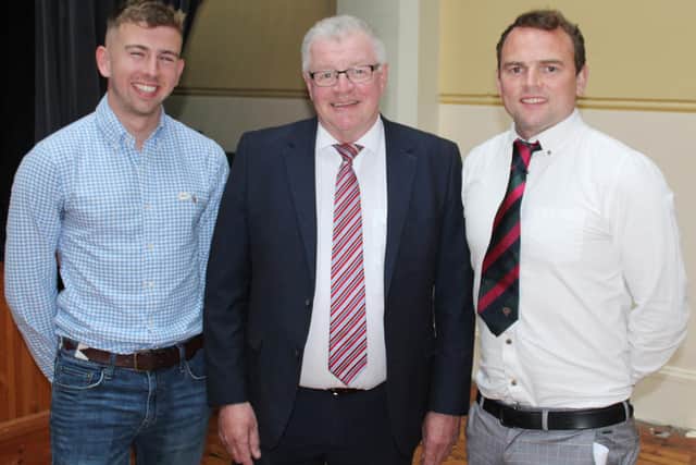 Newry Agricultural Show Committee Chairman, Brian Lockhart (centre), with the two speakers at this year's show launch event. Adam Smyth (left) is on work experience with Alltech and is about to enter his final year studying for a CAFRE/QUB degree in agricultural technology. John Fegan is a member of staff at CAFRE's Greenmount College.
