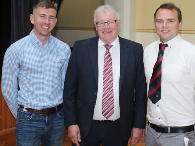 Newry Agricultural Show Committee Chairman, Brian Lockhart (centre), with the two speakers at this year's show launch event. Adam Smyth (left) is on work experience with Alltech and is about to enter his final year studying for a CAFRE/QUB degree in agricultural technology. John Fegan is a member of staff at CAFRE's Greenmount College.