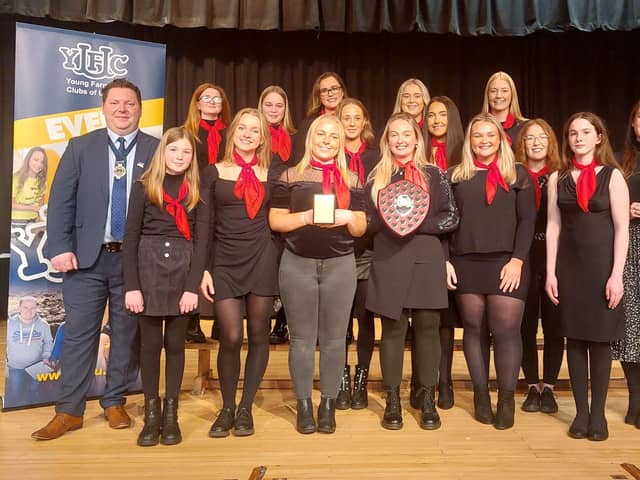 Pictured are members of Coleraine YFC who were awarded first place at the YFCU’s annual choir festival as well as winning best solo. Also pictured, YFCU president, Stuart Mills, and Power NI’s commercial marketing manager, Amy Bennington. Picture: YFCU