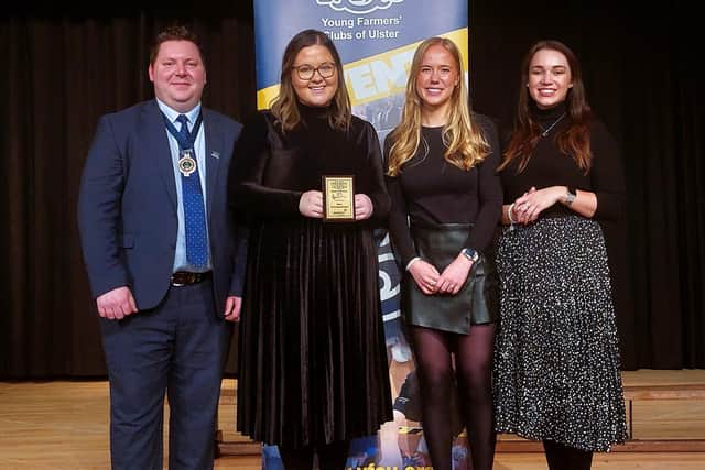 Pictured are Roseanna Hunter and Judith Campbell, Moneymore YFC who was awarded the best accompaniment at the YFCU annual choir festival. Also pictured, YFCU president, Stuart Mills, and Power NI’s commercial marketing manager, Amy Bennington. Picture: YFCU