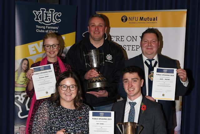 Rosanna (25-30) and Jack Hunter (21-25) who places 1st in their respective categories with Stuart Mills, YFCU President,Paul Black, from the Police Service of Northern Ireland (PSNI) and Lauren Hamilton, NFU Mutual.