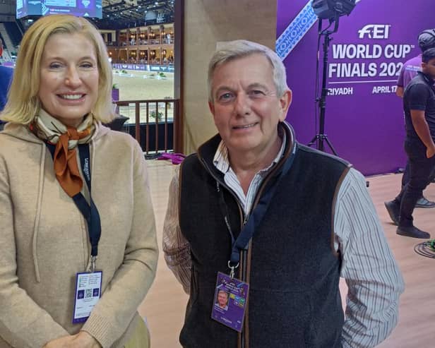 The Federation Equestre International official television commentators from Rhiyadh were County Antrim's Jessica Kuertan and Philip Gazala from Dorset. (Pic: Ruth Loney)