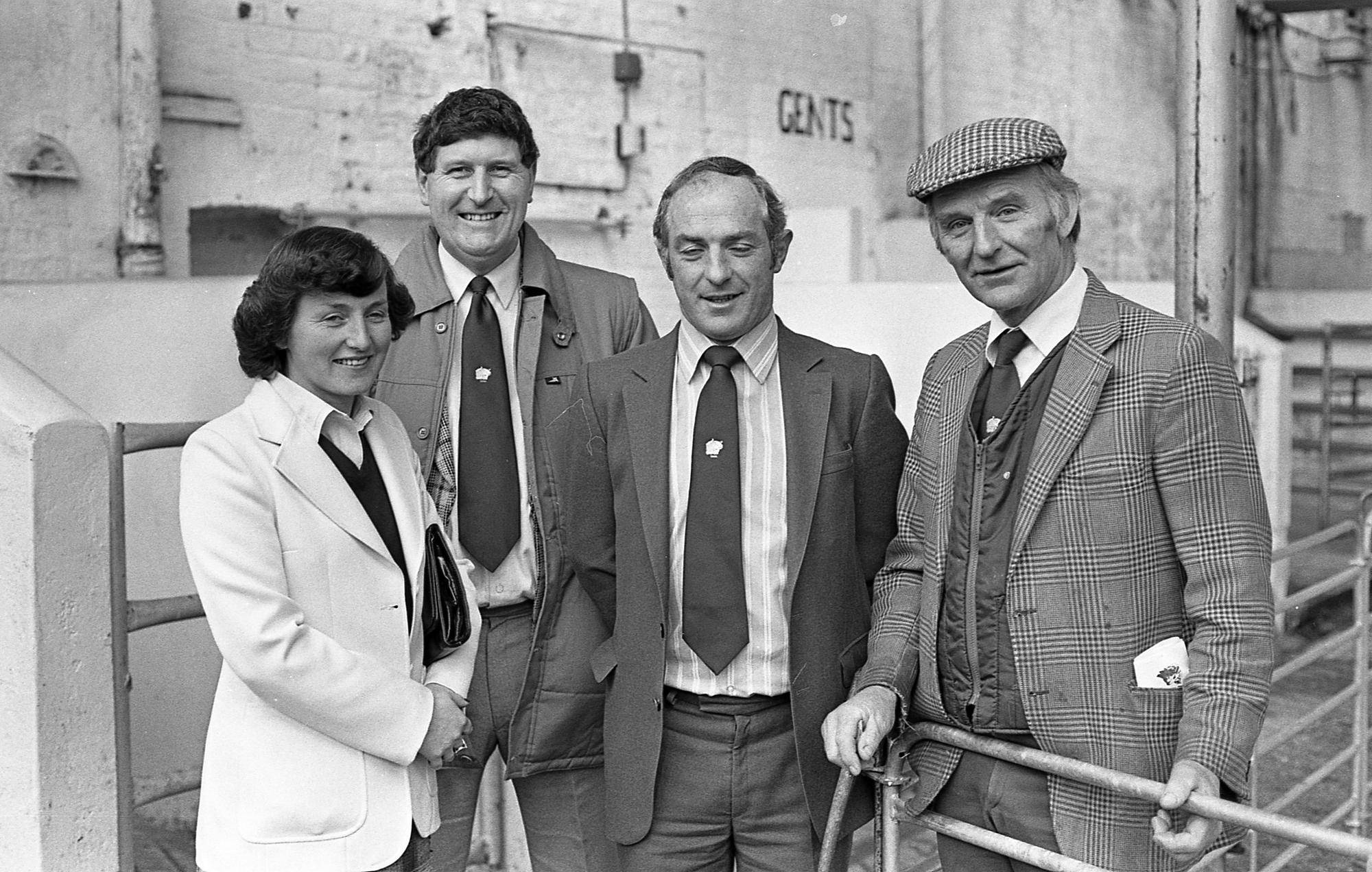 Texel pedigree sheep were in brisk demand at the breed show and sale which was held at Automart, Portadown, in October 1981. Pictured is the judge Mr Patrick Niland, third left, from Galway with his wife, auctioneer Tom Clarke, and Robert Mulligan, NI Texel Club chairman. Picture: Farming Life archives/Darryl Armitage