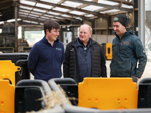 Rashee Farm host Jack Patterson touring the new calf fascility with Dr Cook and Patrick Finnegan
