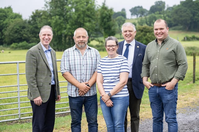 Alan Galbraith, Head of College Support Service, CAFRE, Rodney and Emma Balfour from Mullygarry Farm, William Irvine, deputy president Ulster Farmers’ Union and Richard Primrose, agri-business manager Bank of Ireland. Pic: PulsePR